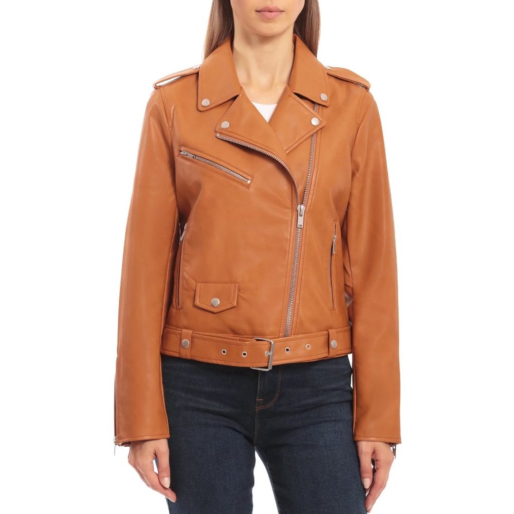 Avec Les Filles Camel Brown Vegan Leather Belted Biker Moto Jacket